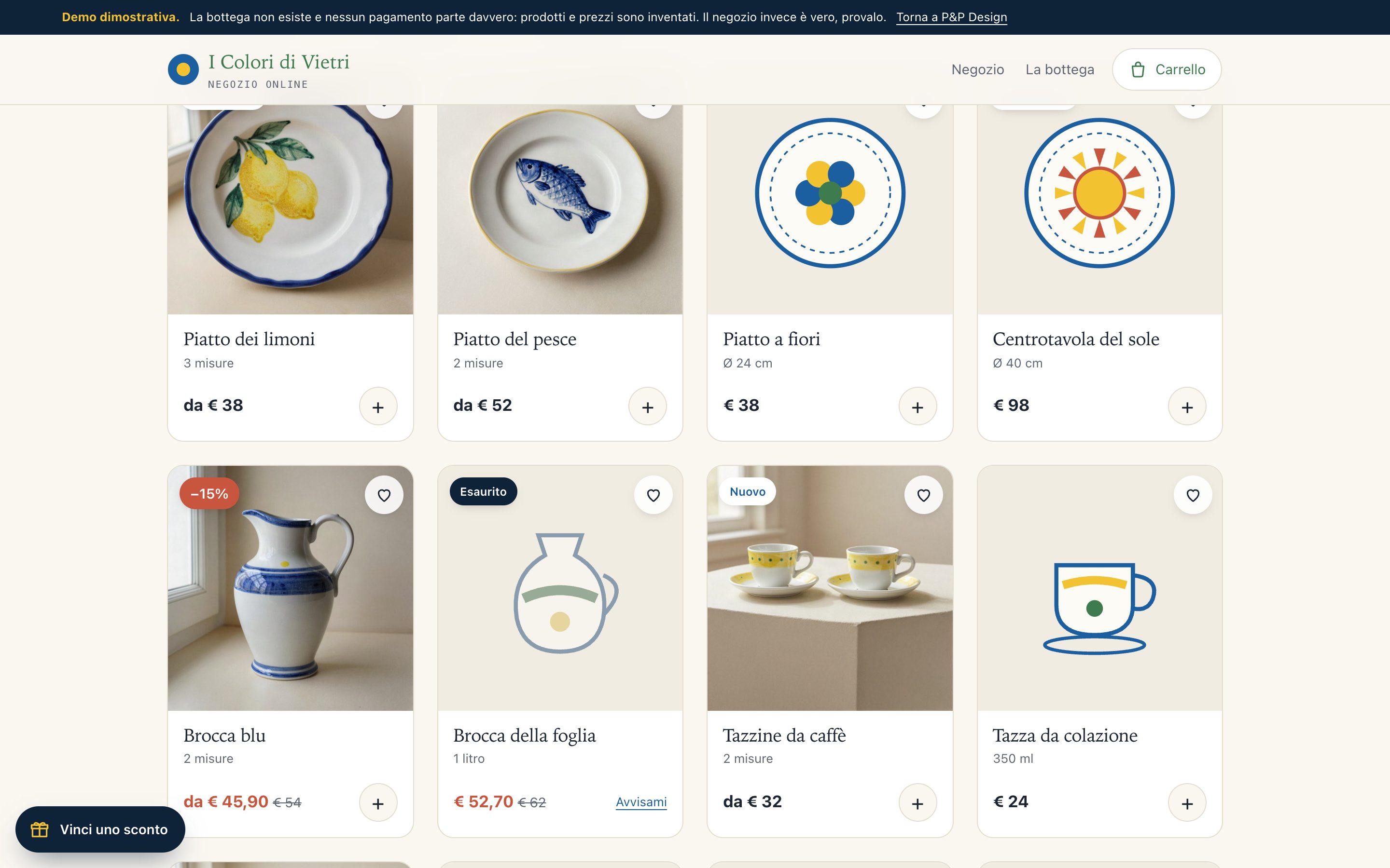 La griglia di un negozio online di ceramica, con prezzi e carrello.