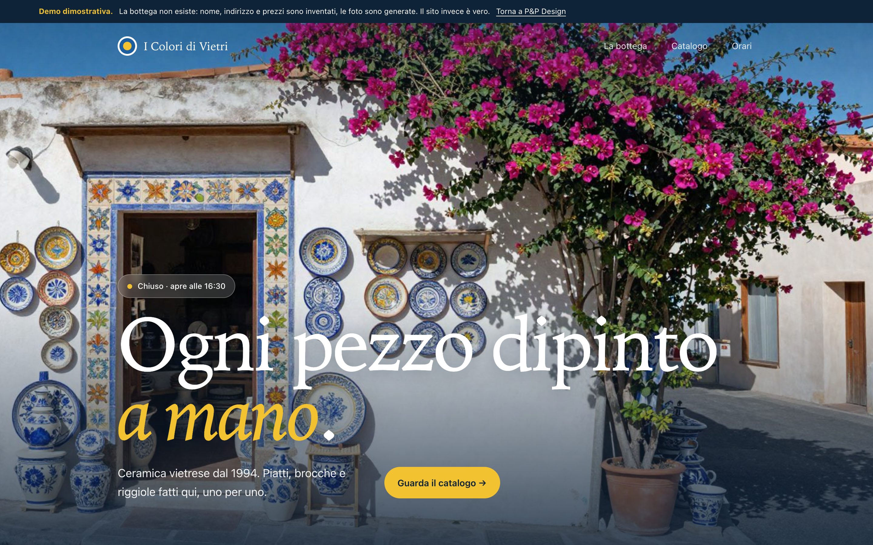 La home del sito per una bottega di ceramica.